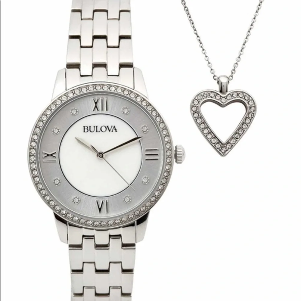 NWT Bulova Swarowski Watch, Necklace, Earring Set - Picture 1 of 10